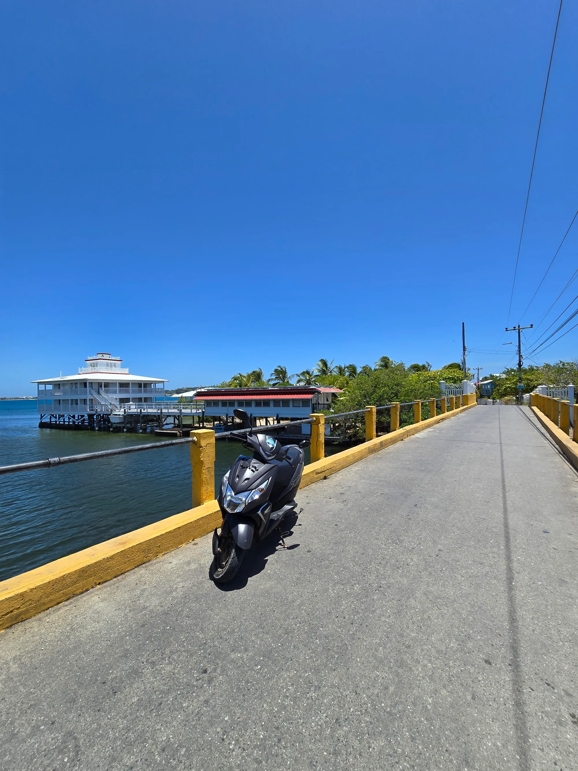 A scooter parked on the waterfront at Utila, with the sea, palms and dock buildings behind it